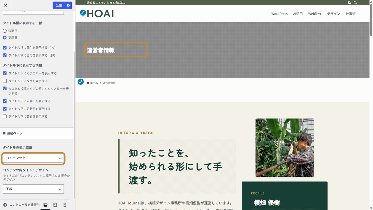 SWELLで固定ページタイトルをコンテンツ上に表示したカスタマイザー画面