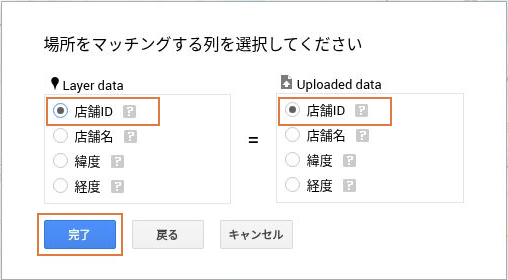 照合画面で、現在の地図を示すLayer dataと更新用の表を示すUploaded dataの両方で店舗IDを選択。左下に完了ボタンがある。